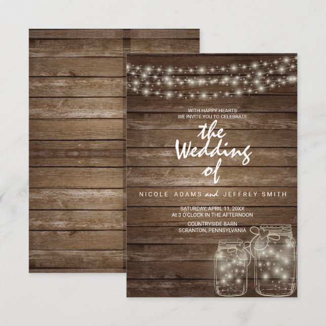Elegante Rustic Mason Jar Lights Wedding Card Einladung (Vorne/Hinten)
