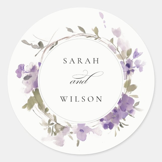 Elegante Rustic Meadow Lilac Floral Wreath Wedding Runder Aufkleber (Vorderseite)