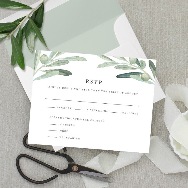Elegante Rustic Olive Watercolor Wedding RSVP Card Einladung (Comes with plain white envelopes or no envelopes. Shown here with optional reply envelope. )