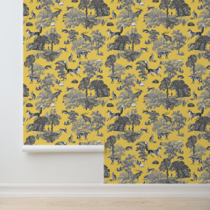 Elegante Rustikal Fox Forest Animals Gelb Toile Tapete