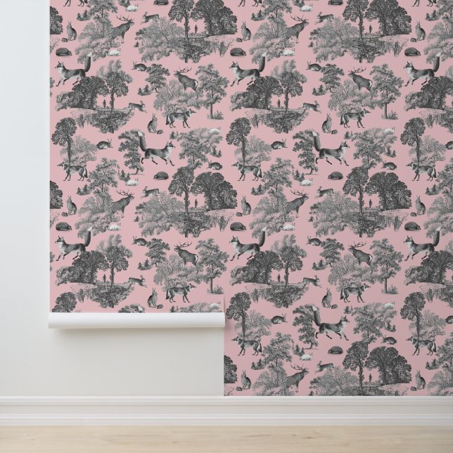 Elegante Rustikal Fox Forest Animals Rosa Toile Tapete (Anwendung)