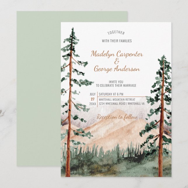 Elegante Rustikale Berge Bäume Landschaft Hochzeit Einladung (Vorne/Hinten)