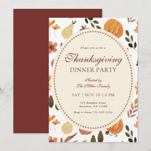 Elegante rustikale Blätter Kürbis Thanksgiving-Din Einladung