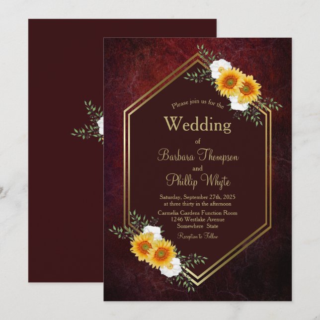 Elegante Rustikale Burgundy Geometric Floral Weddi Einladung (Vorne/Hinten)