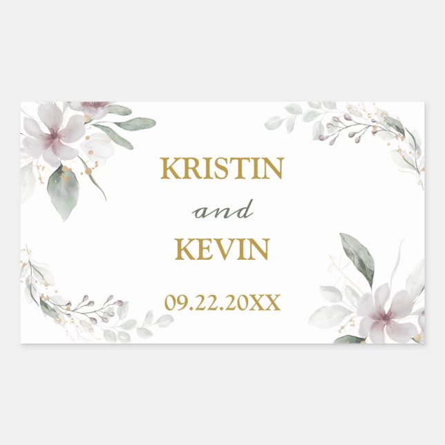 Elegante rustikale Dusty White Blume Aquarell Gold Rechteckiger Aufkleber (Vorderseite)
