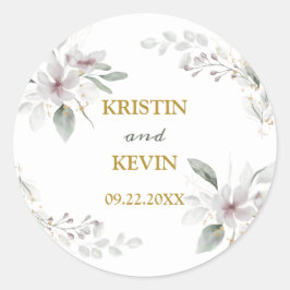 Elegante rustikale Dusty White Blume Aquarell Gold Runder Aufkleber