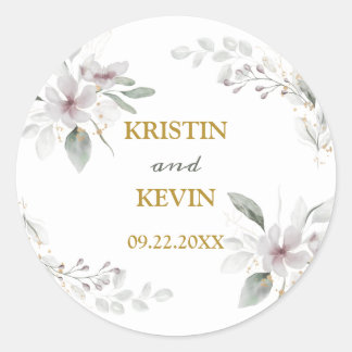 Elegante rustikale Dusty White Blume Aquarell Gold Runder Aufkleber