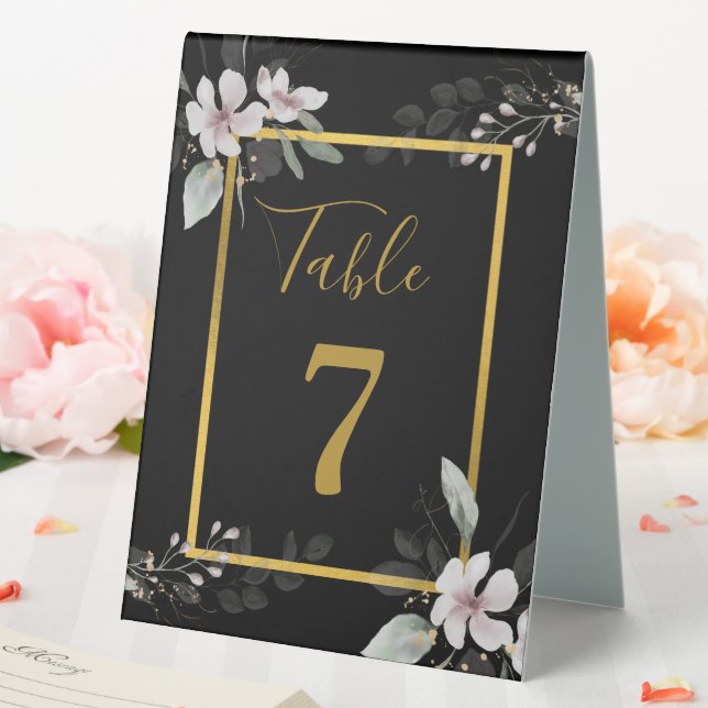 Elegante rustikale Dusty White Blume Aquarell Gold Tischaufsteller (In Situ (Hochzeit))