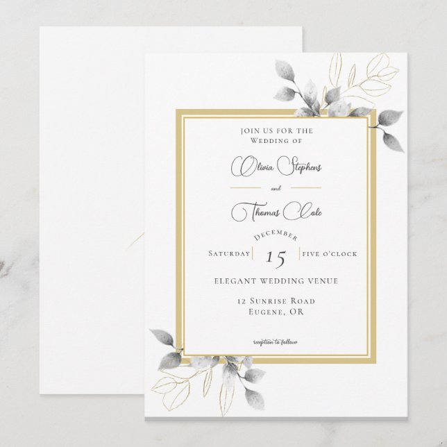 Elegante Rustikale Eukalyptus Calligraphy Gold Wed Einladung (Vorne/Hinten)