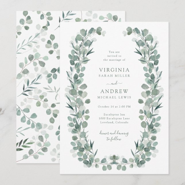 Elegante Rustikale Eukalyptus-Hochzeit Einladung (Vorne/Hinten)