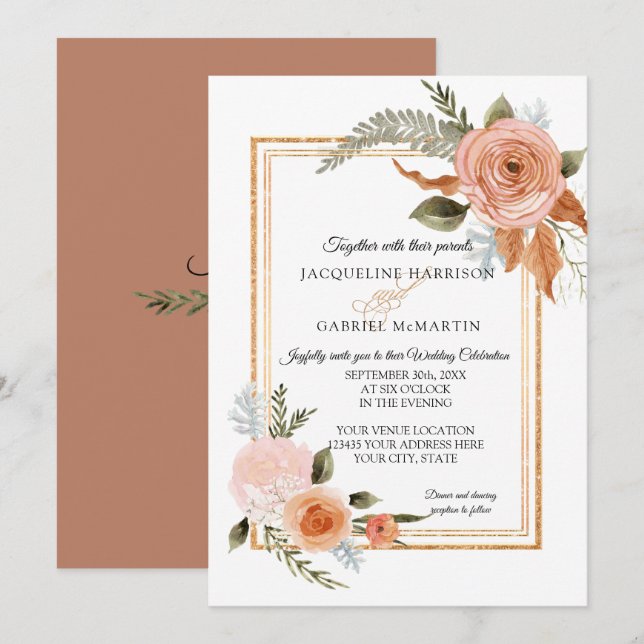 Elegante Rustikale Fall Floral Copper Gold Hochzei Einladung (Vorne/Hinten)