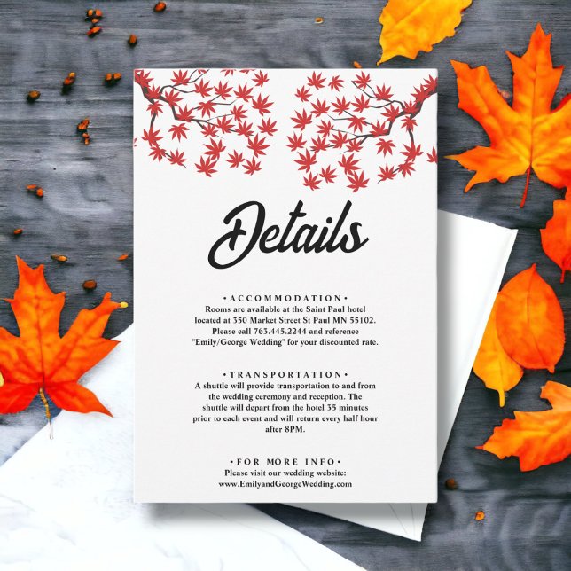 Elegante rustikale Fall Red Blätter Hochzeitdetail Begleitkarte (Von Creator hochgeladen)