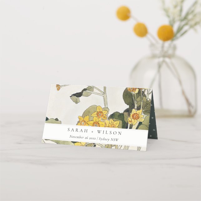 Elegante rustikale, gelbe Daffodil-Blumenhochzeit Platzkarte (Vorderseite)