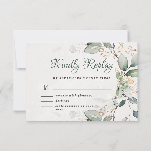 Elegante Rustikale Goldgräber Eukalyptus Moderne RSVP Karte (Vorderseite)