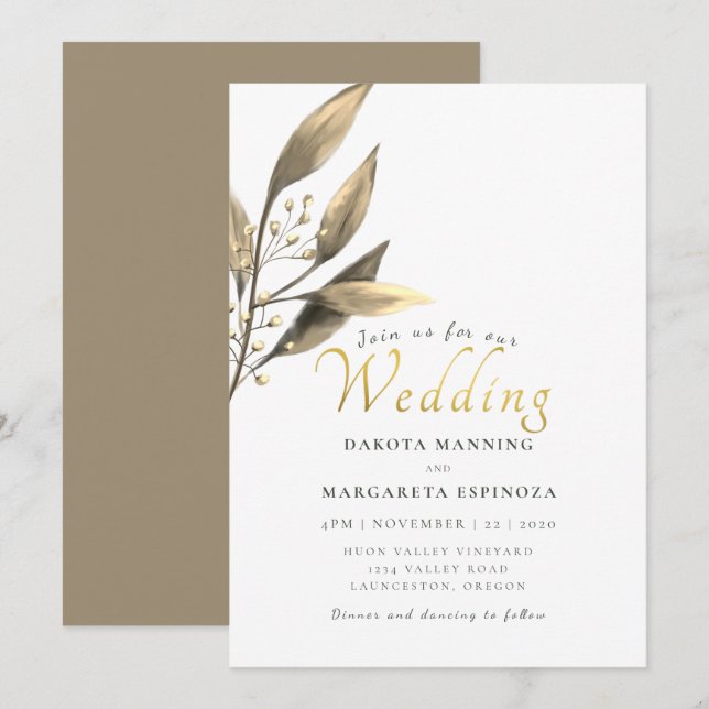 Elegante rustikale Goldskript-Braunblatt-Hochzeit Einladung (Vorne/Hinten)