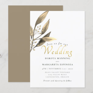 Elegante rustikale Goldskript-Braunblatt-Hochzeit Einladung