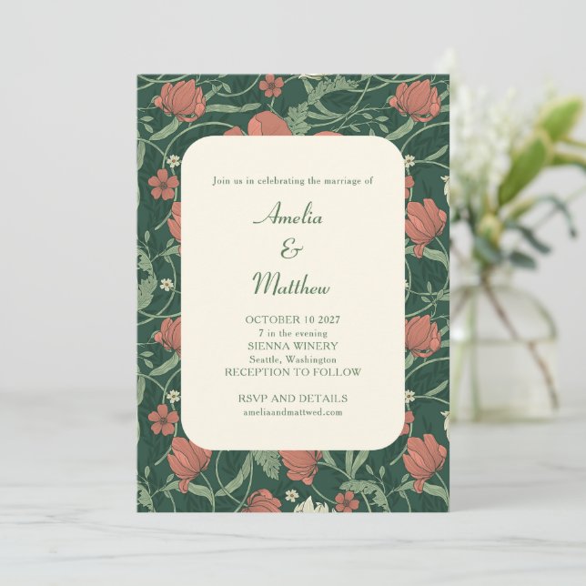 Elegante Rustikale Grüne Blütenhochzeit Einladung (Stehend Vorderseite)