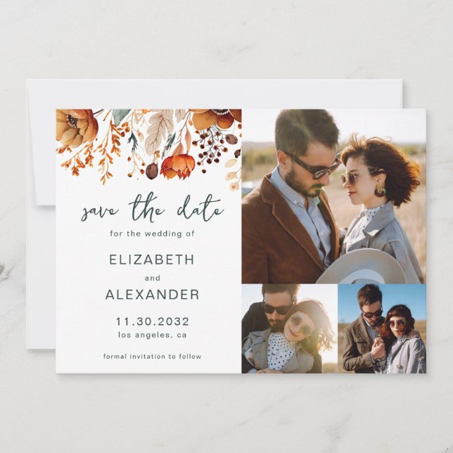 Elegante Rustikale Hochzeit im Herbst 3 Fotos Save The Date (Vorderseite)
