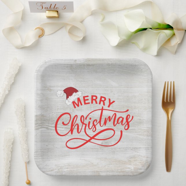 Elegante rustikale Holzkalligraphie mit Weihnachts Pappteller (Hochzeit)