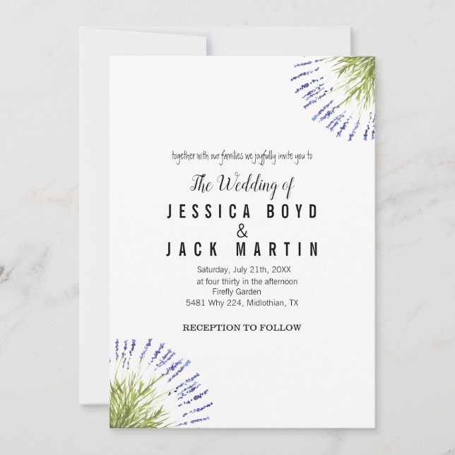Elegante Rustikale Lavendel Kräuterpflanze Hochzei Einladung (Vorderseite)