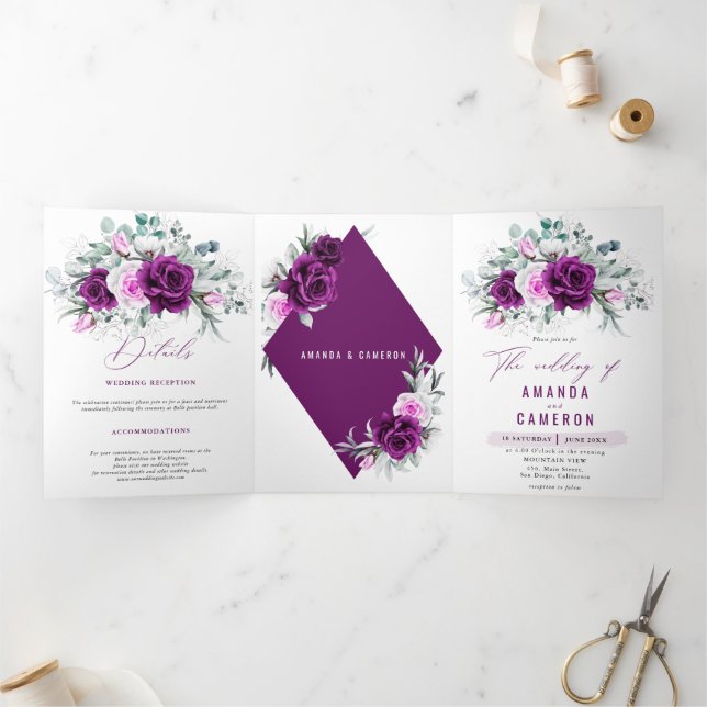 Elegante rustikale Lila Blush Geometrische Hochzei Dreifach Gefaltete Ankündigung (Innenseite)