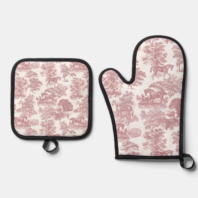 Elegante Rustikale Pferde Rosa Weiße Bahn Ofenhandschuh & Topflappen-Set (Vorderseite)