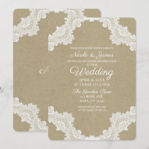 Elegante rustikale Romance White Lace & Kraft Wedd Einladung