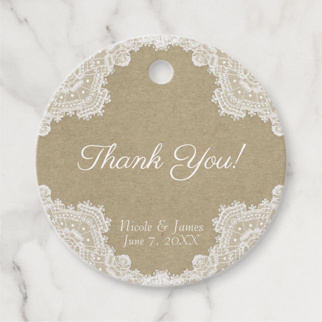 Elegante rustikale Romance White Lace & Kraft Wedd Geschenkanhänger (Vorderseite)