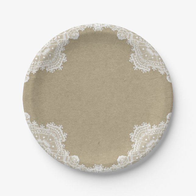 Elegante rustikale Romance White Lace & Kraft Wedd Pappteller (Vorderseite)
