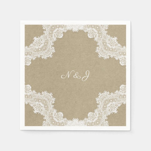 Elegante rustikale Romance White Lace & Kraft Wedd Serviette (Vorderseite)