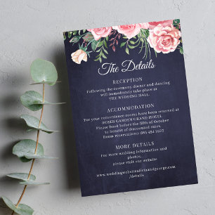 Elegante rustikale rosa florale navy-Hochzeitsdeta Begleitkarte
