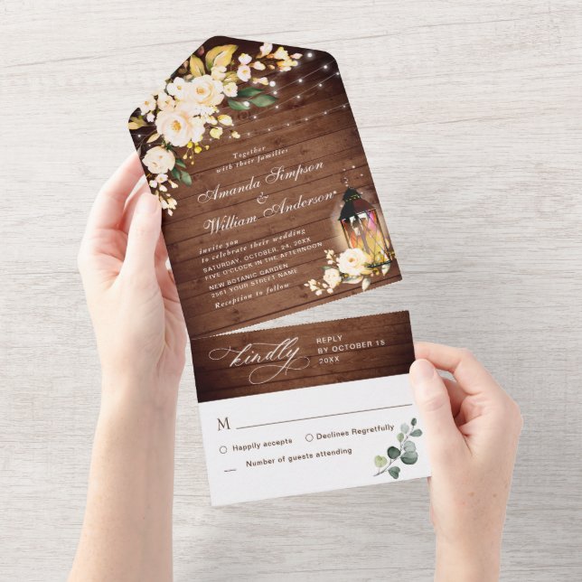Elegante rustikale Rose Hochzeit aus Holz All In One Einladung (Abreißen)