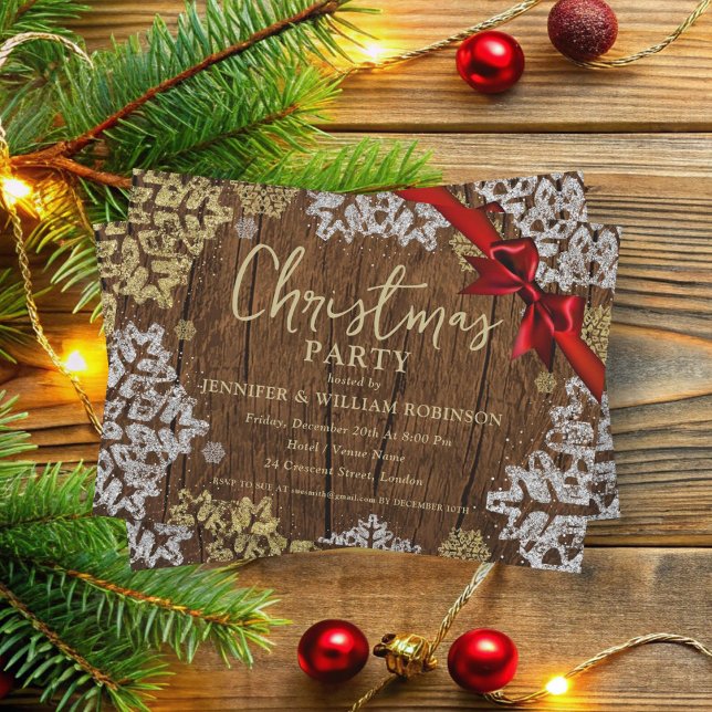 Elegante Rustikale Schneeflocken Weihnachten Weihn Einladung (Elegant Rustic Snowflakes Xmas Holiday Party Invitation)