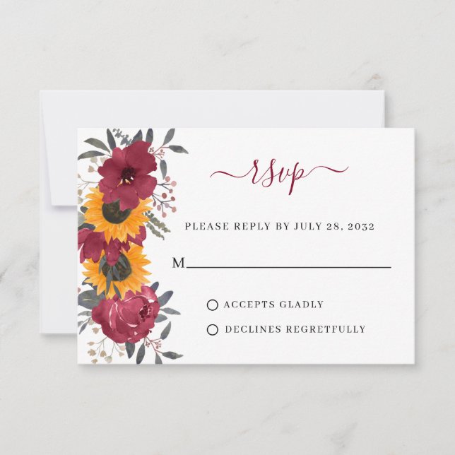 Elegante Rustikale Sonnenblume Blütenblume Burgund RSVP Karte (Vorderseite)