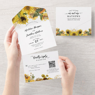 Elegante Rustikale Sonnenblume Gold QR Code Hochze All In One Einladung