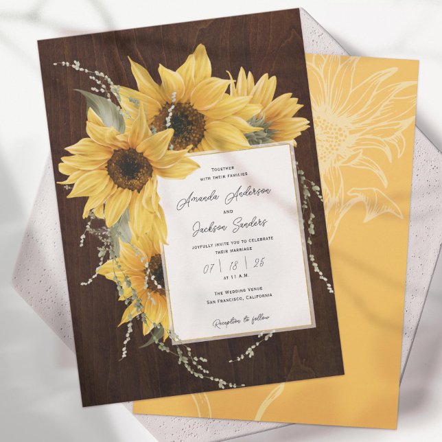 Elegante rustikale Sonnenblumen, Hochzeit im Herbs Einladung (Rustic Sunflower, Elegant Country Wedding Invitations. Available in 4 color options.)