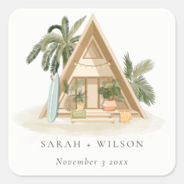 Elegante rustikale Tropical Palm Beach Shack Hochz Quadratischer Aufkleber