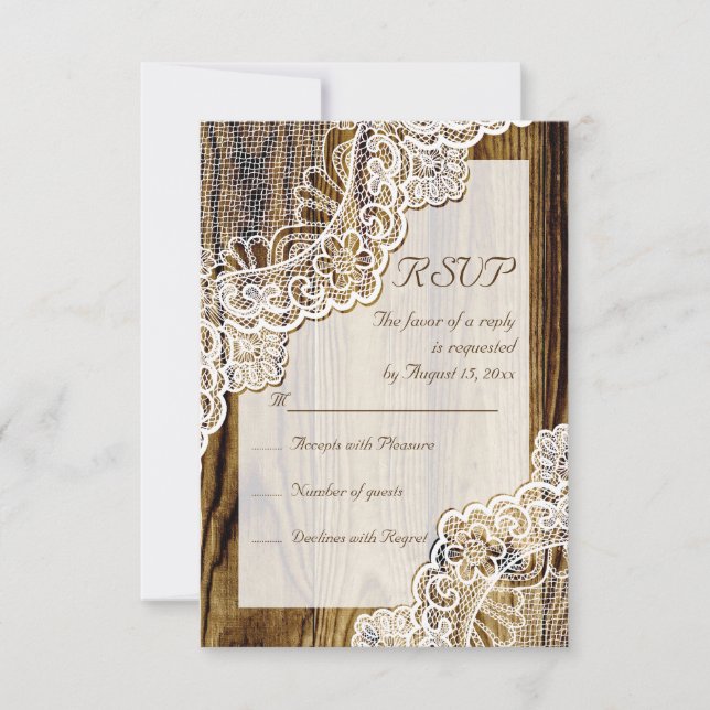 Elegante rustikale weiße Spitze auf Holzhochzeit R RSVP Karte (Vorderseite)