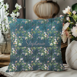 Elegante rustikale Wildblumen auf Teal Wood Monogr Kissen