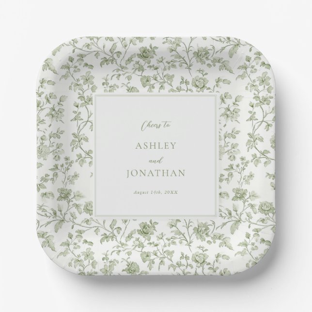 Elegante Sage Chinoiserie Hochzeit Pappteller (Vorderseite)