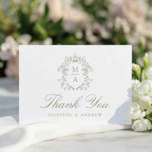 Elegante Sage Chinoiserie Monogram Wappen Wedding Dankeskarte