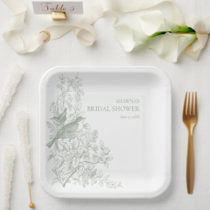 Elegante Sage Chinoiserie Natur Vogel Brautparty Pappteller