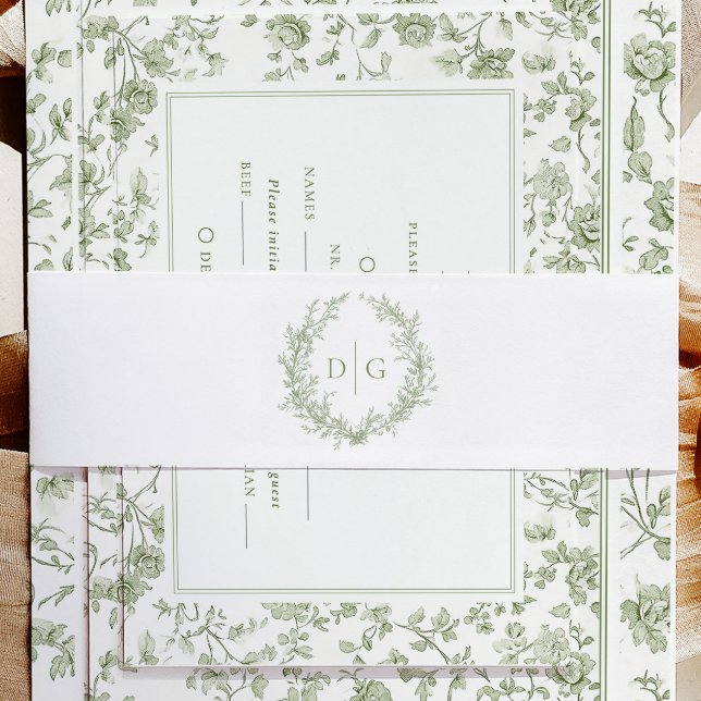 Elegante Sage Chinoiserie Wappen Hochzeit Einladungsbanderole (Von Creator hochgeladen)