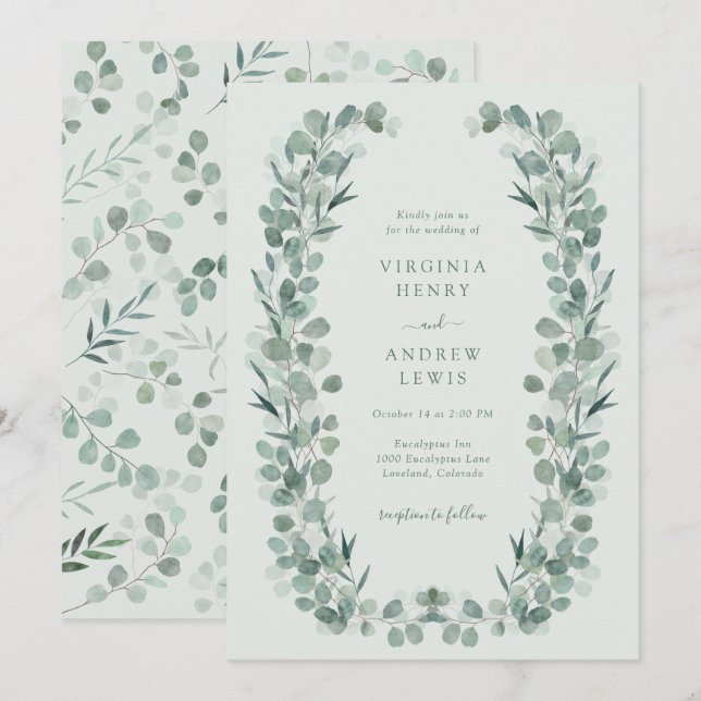 Elegante Sage Eucalyptus Wedding Einladung (Vorne/Hinten)