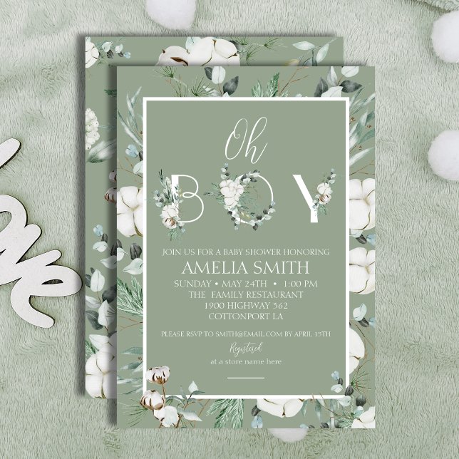 Elegante Sage Floral Oh Boy Baby Dusche Einladung (Von Creator hochgeladen)