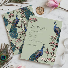 Elegante Sage Floral Peacock Wedding Save The Date