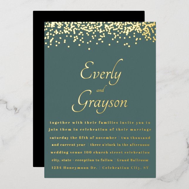 Elegante Sage Forest Green Gold Confetti Wedding Folieneinladung (Vorderseite/Rückseite)