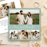 Elegante Sage Green 4 Foto Collage Script Hochzeit Dankeskarte<br><div class="desc">Elegante Sage Green "Liebe und danke" Script 4 Foto Collage Wedding Dankeschön Karte. Stilvoll, modern, minimalistisch Hochzeitskarte danke Ihnen die Vorlage mit vier (4) Foto auf der Vorderseite und ein (1) Foto auf der Rückseite. Mit dem Text "Liebe und Dank" in einer Wirblen Hand Schriftzeichen Swash-Schwanz-Schriftart in schwarz auf staubigen...</div>