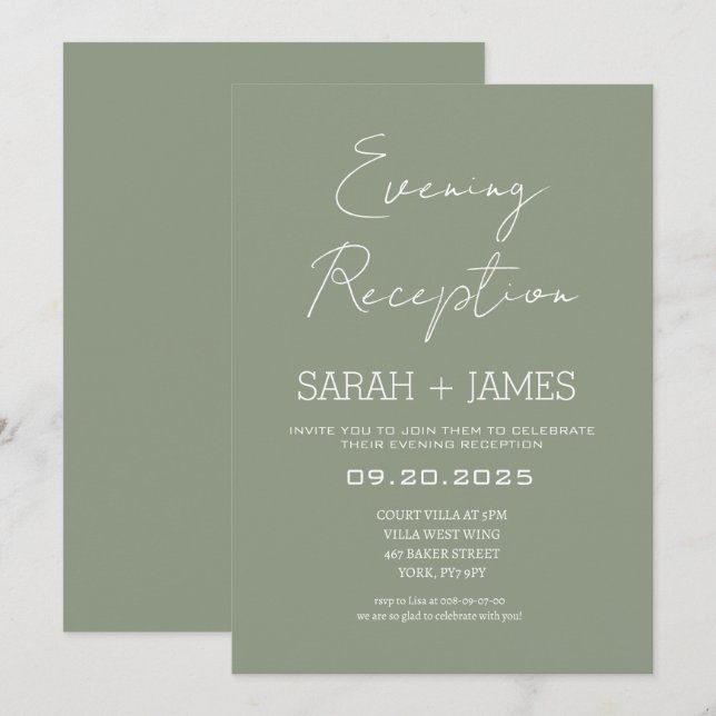Elegante Sage Green Abend Empfang Hochzeit Einladung (Vorne/Hinten)
