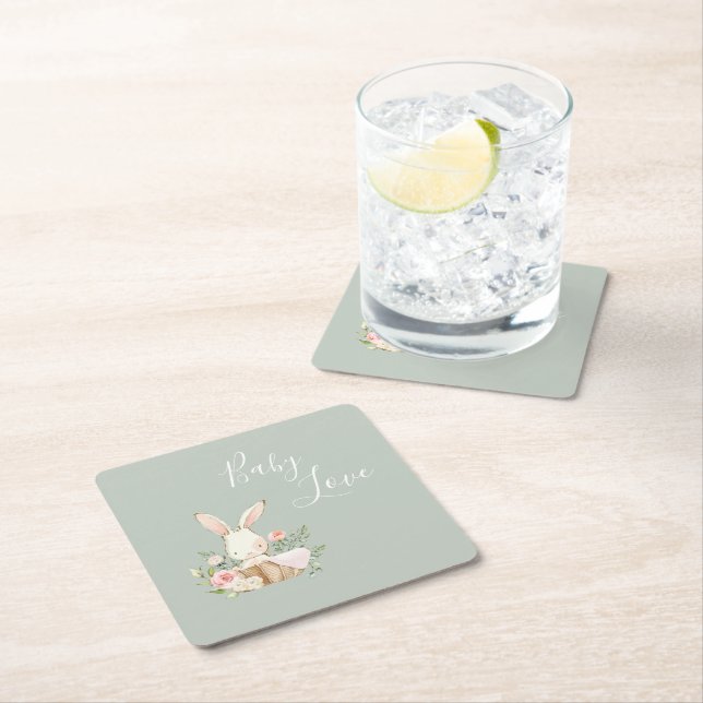 Elegante Sage Green Baby Liebe Babydusche Rechteckiger Pappuntersetzer (Vor Ort)